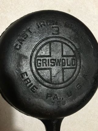 Griswold Size 3 Cast Iron Skillet 709 B Large Block Logo Cast Iron Cookware
