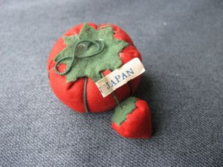 Vintage Tomato & Dangling Strawberry Fabric Miniature Pin Cushions Japan
