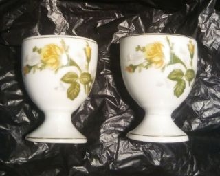 2 Egg Cups Vintage Single Holder Yellow Rose Floral Flower White Porcelain Japan