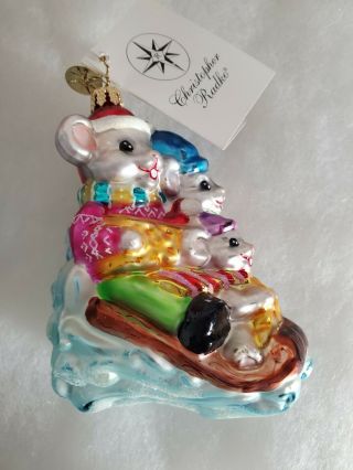 Christopher Radko Christmas Ornament Breezy Squeakers Mice On Sled 2002