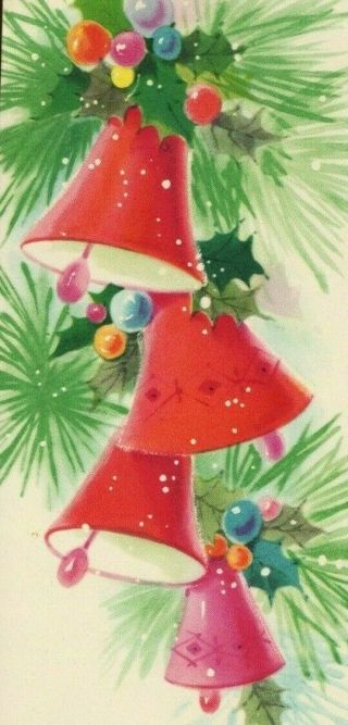 Vintage Red Bells Christmas Greeting Card Front Mid Century Mod Atomic Xmas