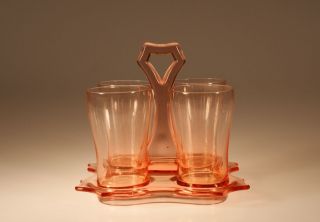 Vintage Cambridge Glass Company Pink Water Tumbler Set On Handled Caddy C.  1930
