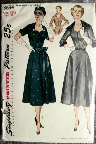 Vintage 1951 Simplicity Dress W/detachable Collar & Cuffs Pattern 3634 Sz16 1/2