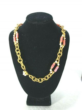 Rare Vintage Signed Miriam Haskell Glass Pink & Beads Wgold Tone Chain Necklace