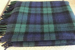 Vtg Pendleton 100 Wool Fringed Plaid Blanket Throw Ll Bean Navy Green Black Usa