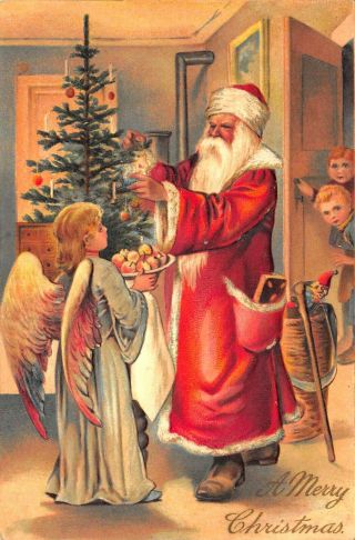 A Merry Christmas Red Robed Santa Claus Tree Angel Apples Children Pfb Postcard