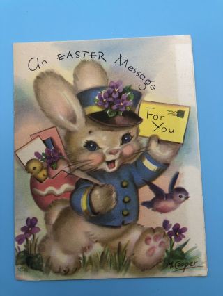 Vintage Greeting Card Easter Sweet Bunny Mailman Rabbit Eggs Mid Century