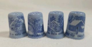Vintage Porcelain Currier & Ives Blue & White Winter Scene Thimbles Set Of 4