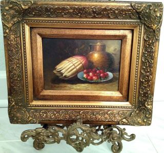 Small Vintage Gold Ornate Framed Still - Life Fruit Jug Signed Oil Painting