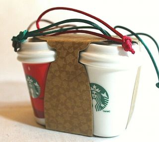 Starbucks 2011 Set Of 4 Mini Ceramic Coffee Cups 2.  5 " Ornaments