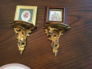 2 Vintage Antique Florentine Rococo Carved Gold Gilt Leaf Wood Shelf W/ Prints