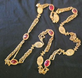 Vintage Mid Century Long 56 " Red Jewel Goldtone Necklace