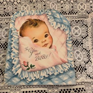 Vintage Greeting Card Baby Congrats Pink Blue Blanket