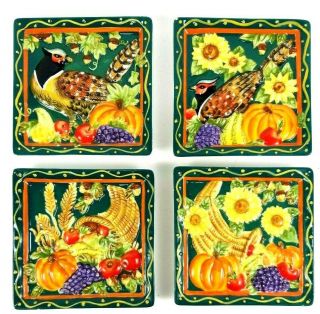Mww Market Set Of 4 Mini Plates Coasters 3d Fall Theme Pheasants Fruit 4.  5 Inch
