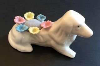 Vintage Dachsund Dog Pin Cushion Porcelain Dan Brechner Royal Coronet Flowers