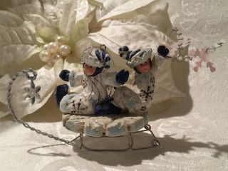 Pam Schifferl Snowflake Angels Riding Sled Sleigh Christmas Ornament Blue White
