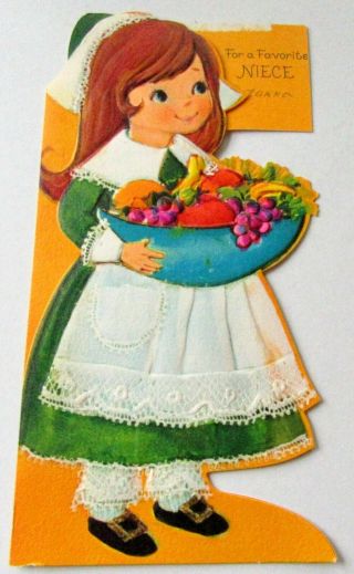 Vintage Thanksgiving Card 1970 Hallmark Pilgrim Girl With Bowl Of Harvest