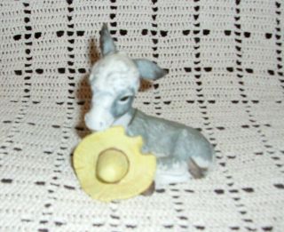 Vintage Enesco Porcelain Donkey / Burro Eating Straw Hat Figurine