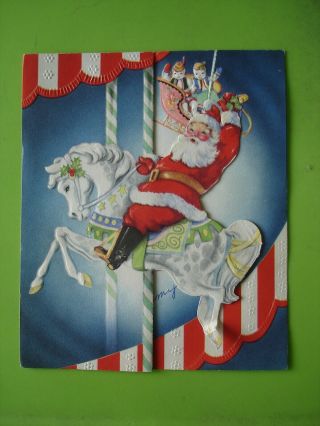 Vtg.  Wallace/brown Christmas Card - Santa Riding A Carousel Horse - Die - Cut - Embossed