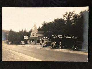 Otter Lake Route 28 Ny Lighthouse Cabin Adirondacks Vintage Cars Rppc Postcard