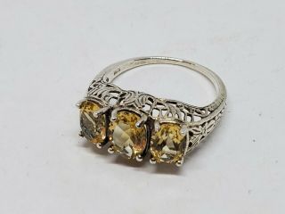 Vintage Art Deco Sterling Silver 3 Stone Citrine Ring Size 8