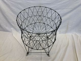 Vintage Collapsible Folding Wire Basket Metal Laundry Cart Allied Product Caster 2