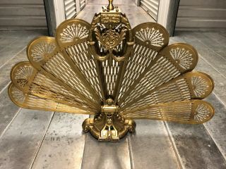 Vintage Ornate Brass Peacock Fan Folding Fireplace Screen - $50 Ship Cost