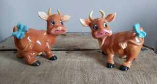 Vintage Anthropomorphic Cow And Bull Blue Bows Salt And Pepper Shakers