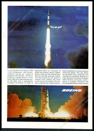 1968 Saturn V Rocket Launch Color Photo Boeing Vintage Print Ad