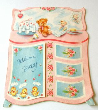 Vintage Baby Card Baby Dresser W Fold Open Drawers Bear Doll Rattle Ducks Roses