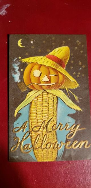 Vintage Halloween Postcard Corn Cob With A Smiley Jol Straw Hat At Night