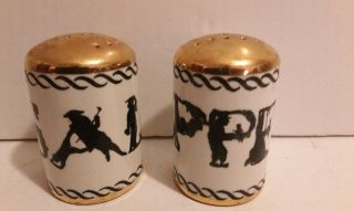 Fornasetti Milano Salt And Pepper Porcelain Shakers,  Gold Gild