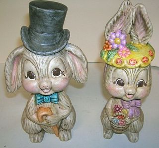 Ceramic Bunny Rabbit Figurines Boy And Girl Top Hat Bonnet Flowers Bows 7.  5 " T