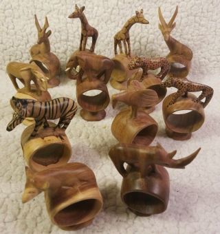 Set Of (12) Hand Carved Wooden Napkin Rings Made In Kenya With Box