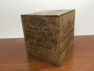 Vintage Dupont Blasting Caps Explosives Dynamite Wooden Box Joint Crate & Lid