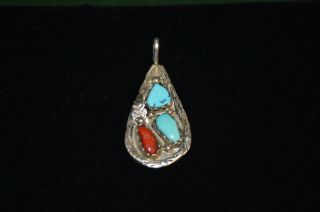 Vintage A Cheama Sterling Silver,  Turquoise,  And Coral Pendant