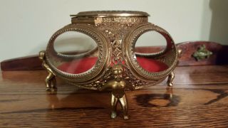 Vintage Gold Ormolu Casket Trinket Jewelry Box Red Beveled Glass Filigree