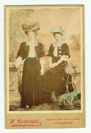 Two Ladies Fancy Hats Hand Tinted Colour Cabinet Card Cartwright Thongsbridge
