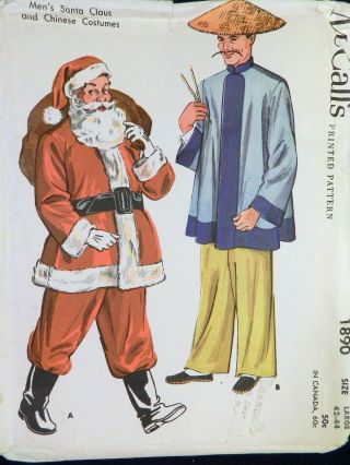 Vtg 1950s Mccall 1890 Santa Claus Chinese Man Costume Sewing Pattern 42 - 44 Chest