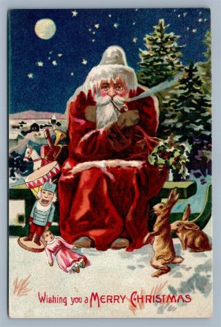 Santa Smoking Tobacco Pipe Christmas Antique Embossed 1909 Postcard Series W22