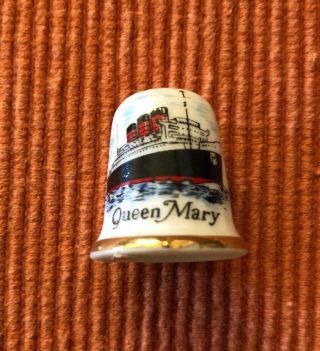 Queen Mary Souvenir Thimble Multicolor Imprint Picture Of Ship Gold Band