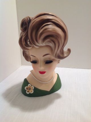Vintage Napcoware Large Lady Head Vase C6987 10 " Tall Green Dress And Pearls