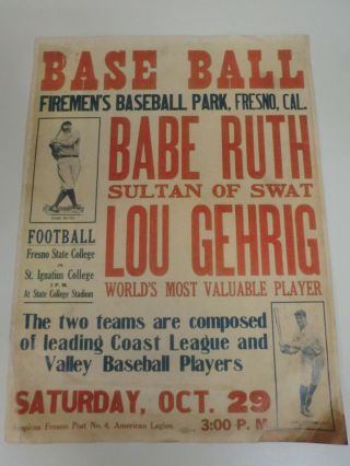 Vintage 1927 Babe Ruth & Lou Gehrig Baseball Tour 11x15 Poster Fireman 