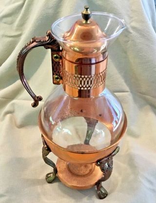 Vintage Corning Glass & Copper Coffee Decanter On Copper Warmer