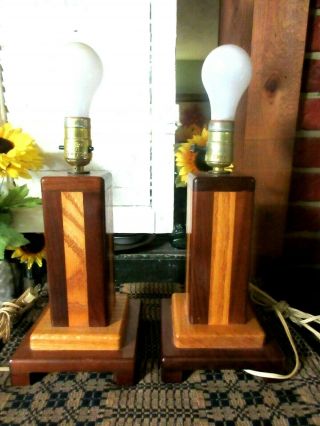 Vintage Mission Table Lamps Two Tone Inlaid Wood Arts & Crafts
