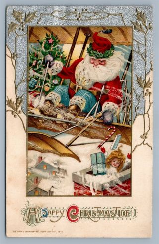 Santa On Airplane W/ Christmas Tree Antique 1913 Postcard By John Winsch