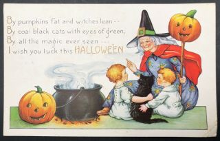 1900s Whitney Spooky Embossed Halloween Postcard Witch & Jack O Lanterns