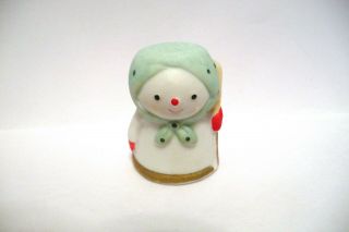 Thimble Bisque Napco Figural Of Snowlady W/green Scraf Red Mittens & A Broom