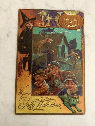Vintage Halloween Witch Cat Barn Postcard