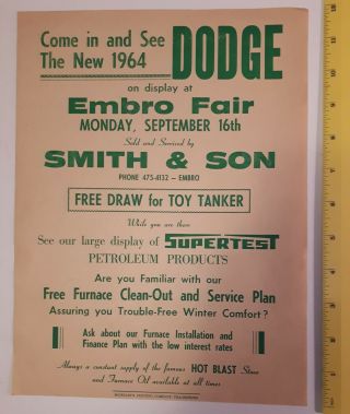Rare " Supertest Products - 1964 Dodge Automobile Display - Embro,  Ont Fair " Poster